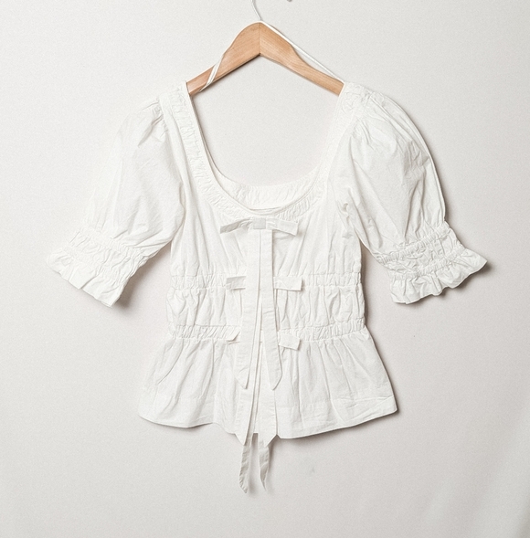 DAMSON MADDER NWT Bianca Ruffle Bow Blouse White Puff Sleeve 4 S - Picture 5 of 9